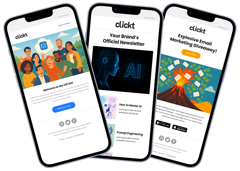 Three iPhone mockups showing different email marketing campaigns: a refer-a-friend email with diverse people, an AI-themed newsletter, and an explosive marketing giveaway with money and envelopes